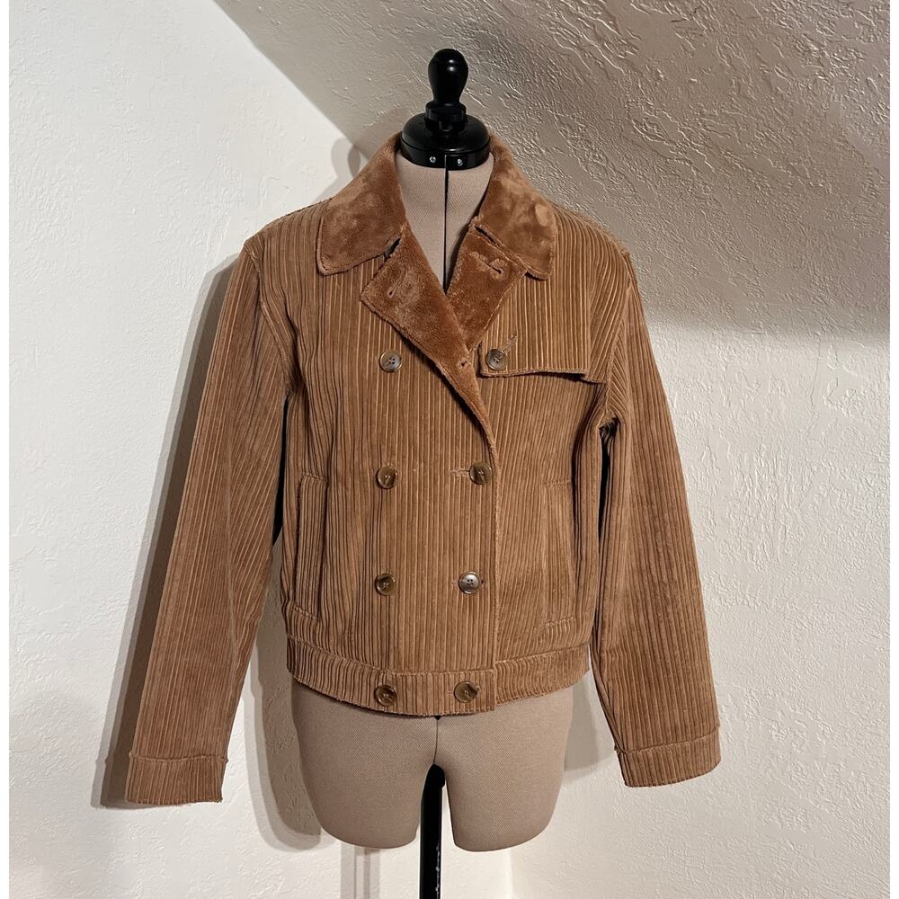 Harvé Benard Corduroy Jacket Shearling Lined Cropped Fall Brown M